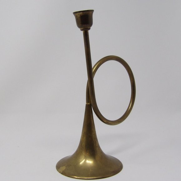 Vintage Brass French Horn Candle Stick Holder 9" H x 4 1/2" W - Picture 7 of 10
